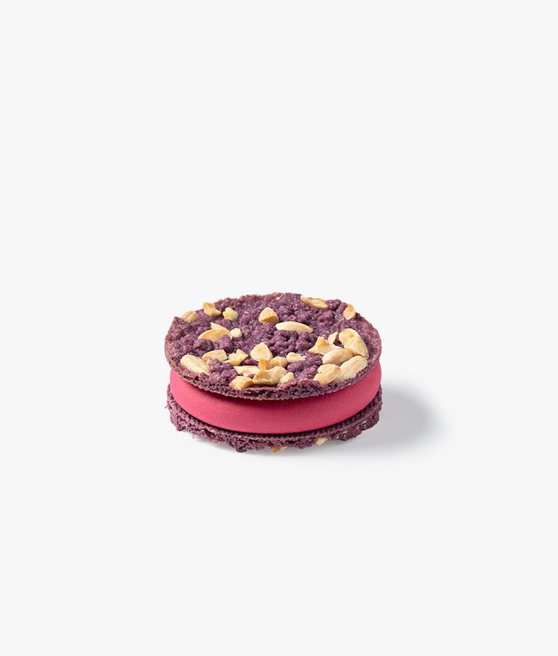 Violet streusels prinkled with brokens blanched almonds and filled with a Burgundy black currant ice cream and violet.